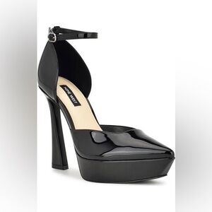 Nine West Glossy Pointed Toe Black Ankle Strap Pumps